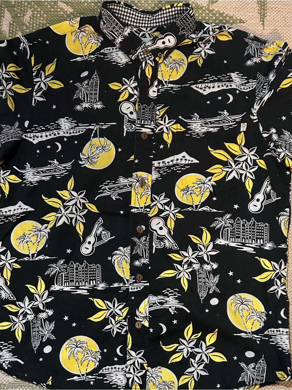 Roberta Oaks Black Short-Sleeve Aloha Shirt with Yellow & White Tropical Print